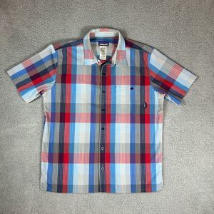 Patagonia Shirt Mens L Colorful Geometric Plaid Short Sleeve Button Up Textured